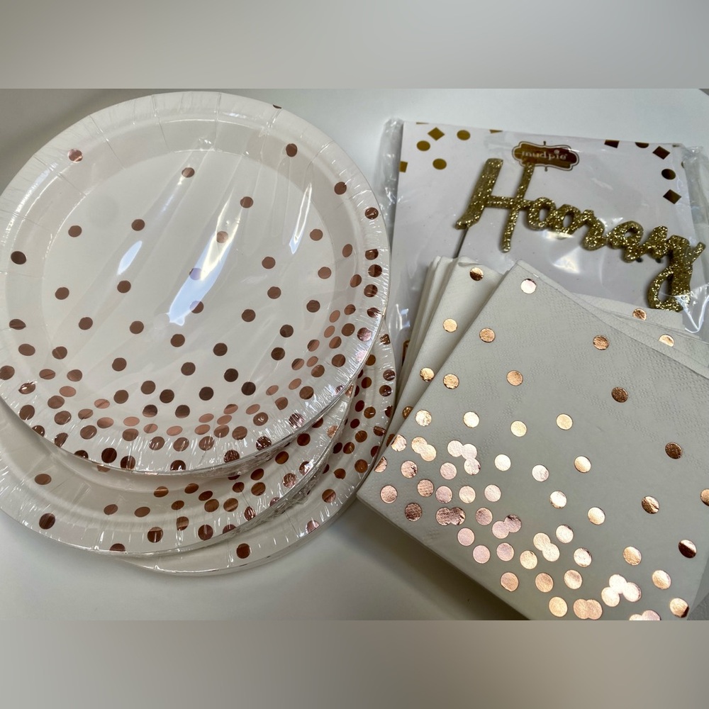 Rose Gold Polka Dot Paper Plates and Napkins & Hooray Cake Topper, 75  7” plates
